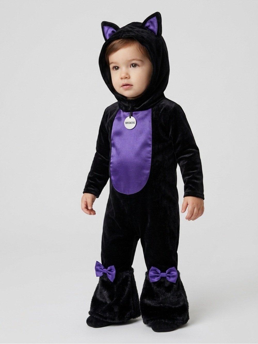 Spirit Toddler 2T Black Cat Costume Jumpsuit Faux Fur Purple Whiskers Collar